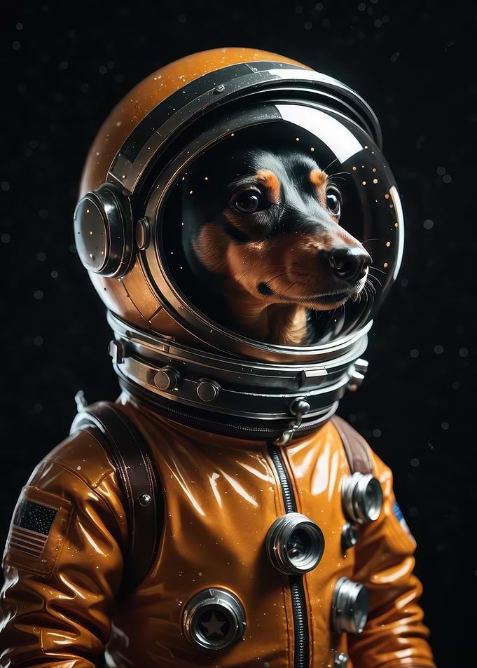 Dachshund Astronaut Portrait — Cinematic Space Dog in Orange Suit
