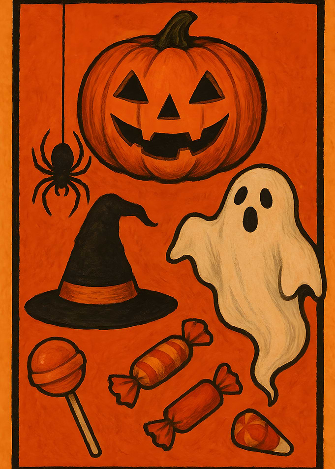 Halloween themed illustration with pumpkin and ghost