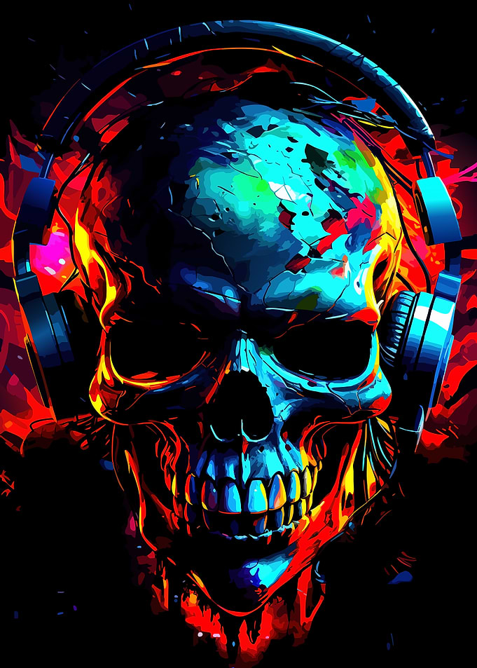 Skull with Headphones Colorful Digital Art