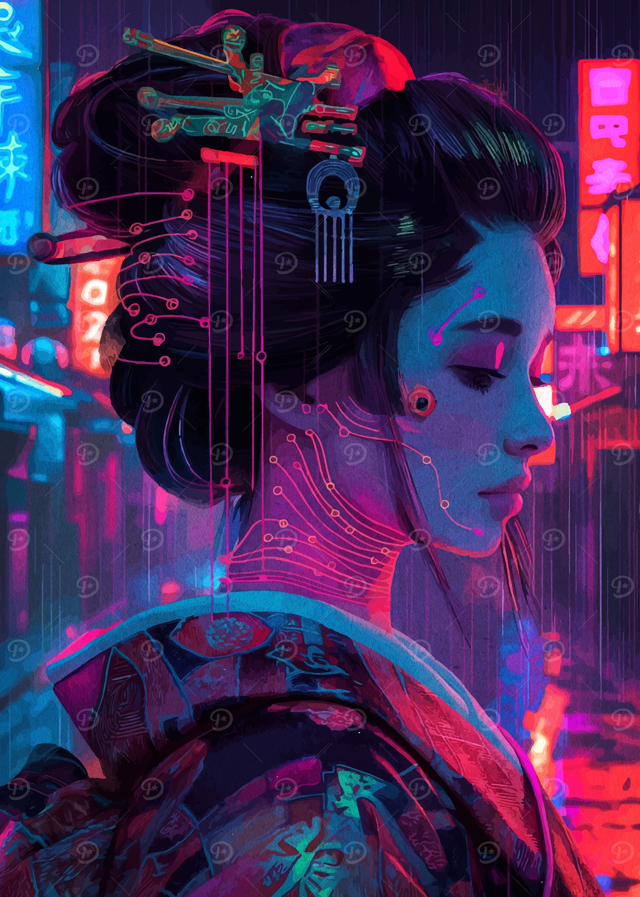 Cyberpunk Geisha in Neon Rain