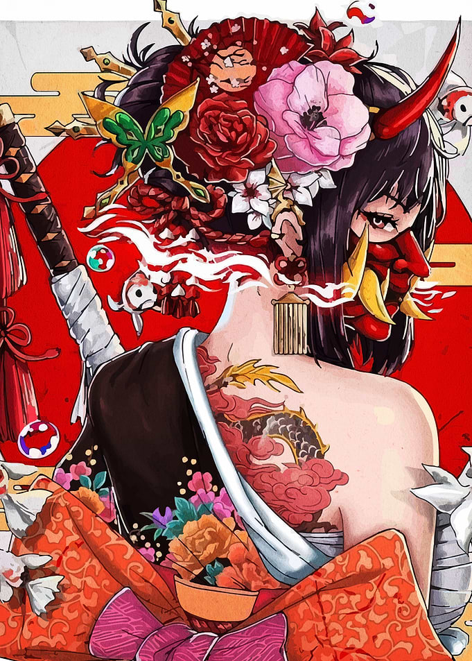 Anime Girl with Oni Mask and Tattoo
