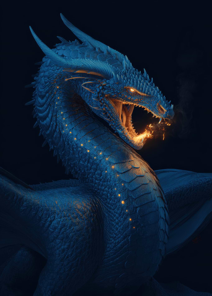 Blue Dragon Breathing Fire Portrait