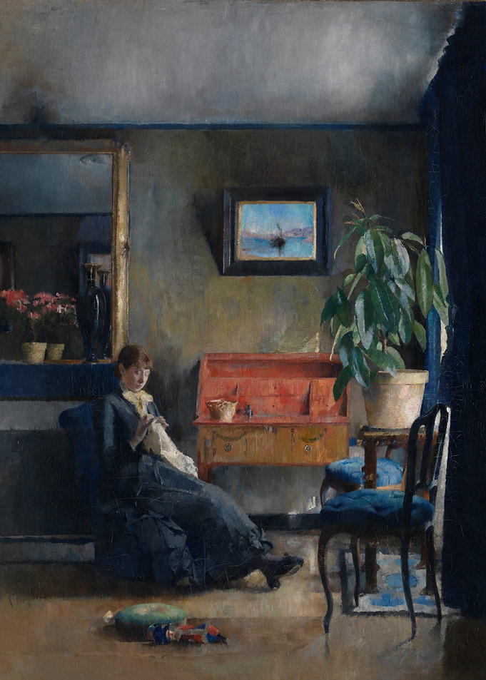 Woman Knitting in Interior Painting