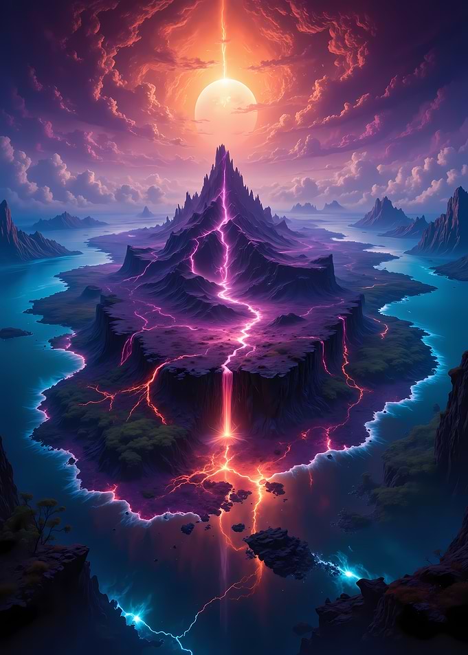 Fantasy Landscape with Lightning and Waterfalls
