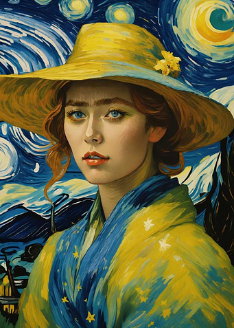 Woman in Starry Night Style Painting