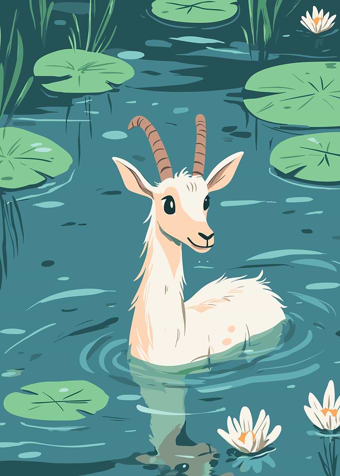Goat in a Lily Pond