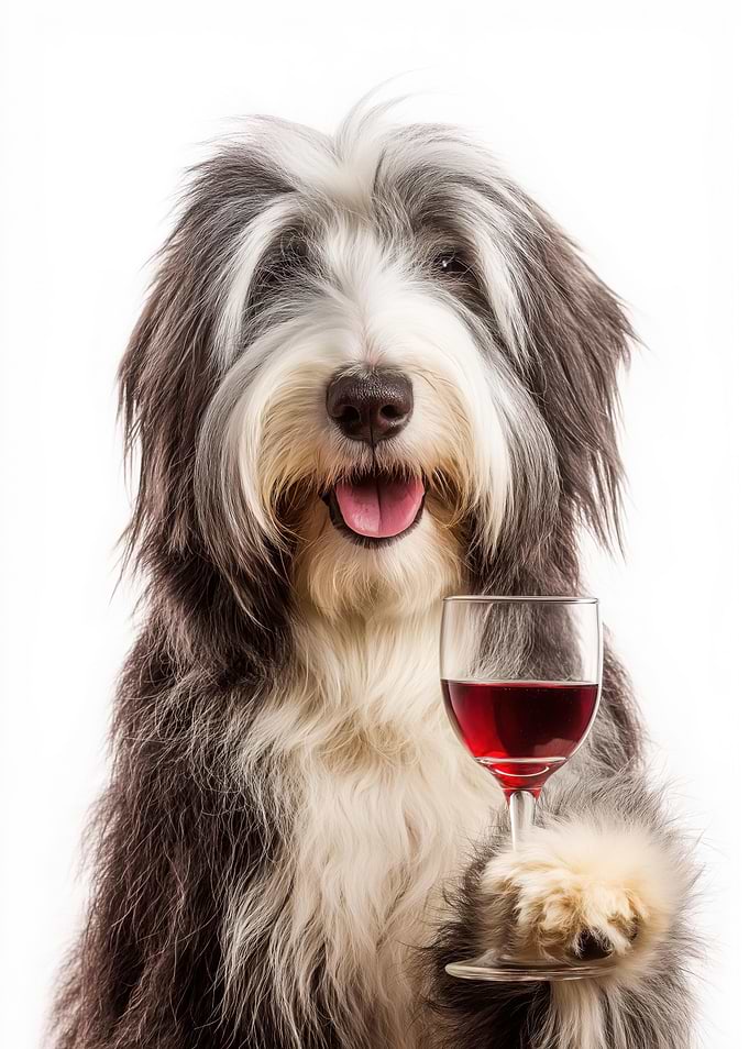 Bearded Collie with Wine Glass