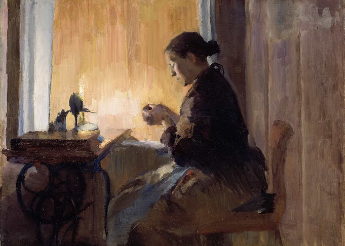 Woman Sewing by Window Painting