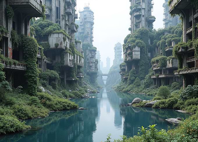 Overgrown Abandoned Cityscape with River