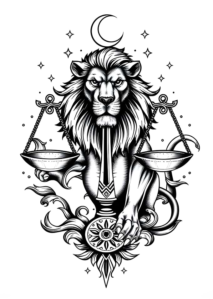 Lion with Scales and Moon Tattoo