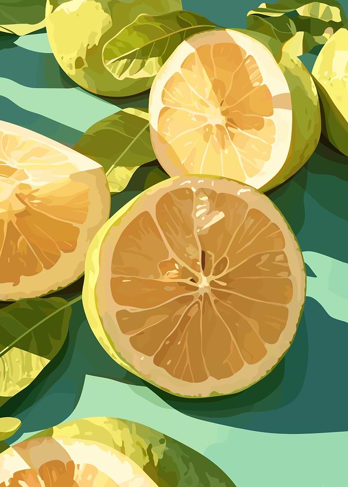 Sliced Lemons and Leaves Still Life