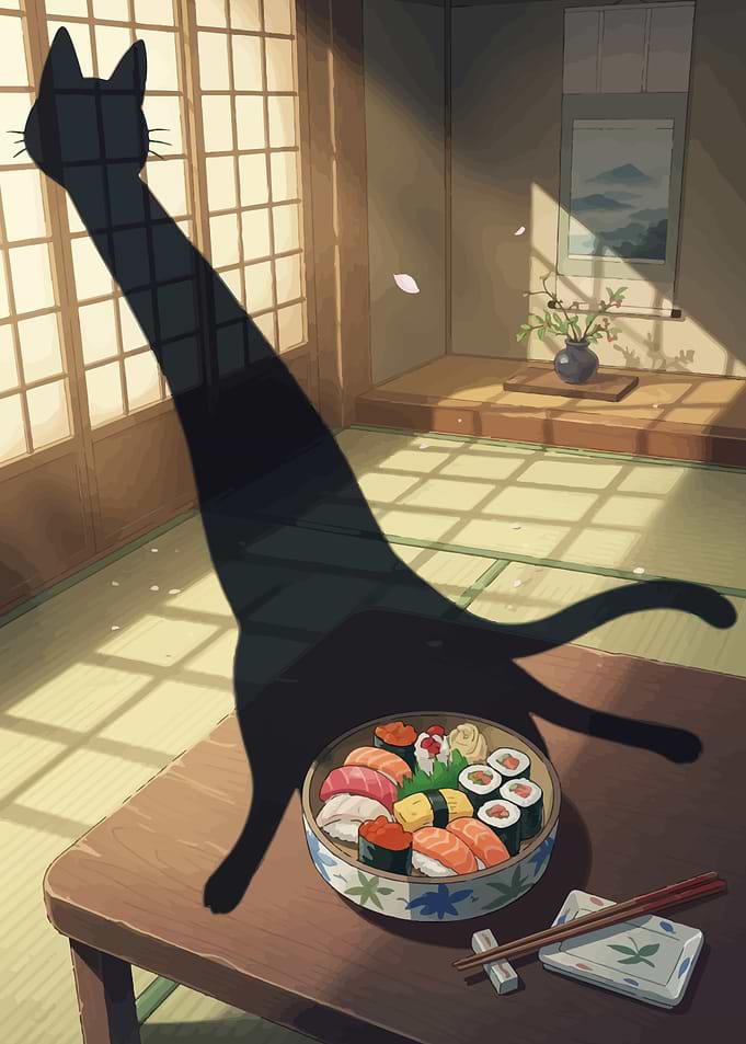 Cat Shadow and Sushi Still Life