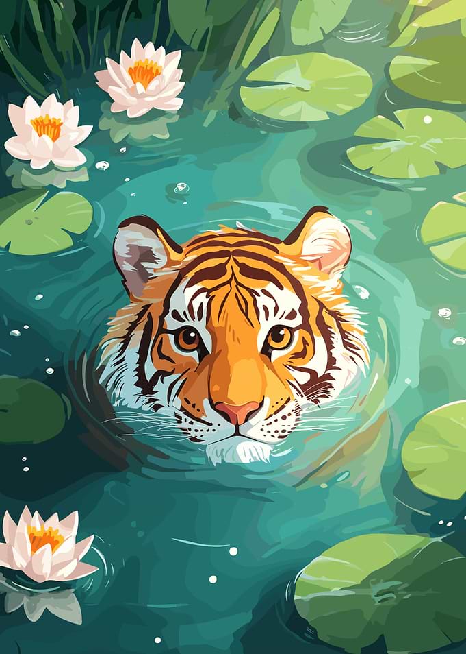 Tiger in Water with Lily Pads