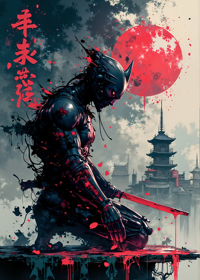 Cyberpunk Samurai with Blood Moon