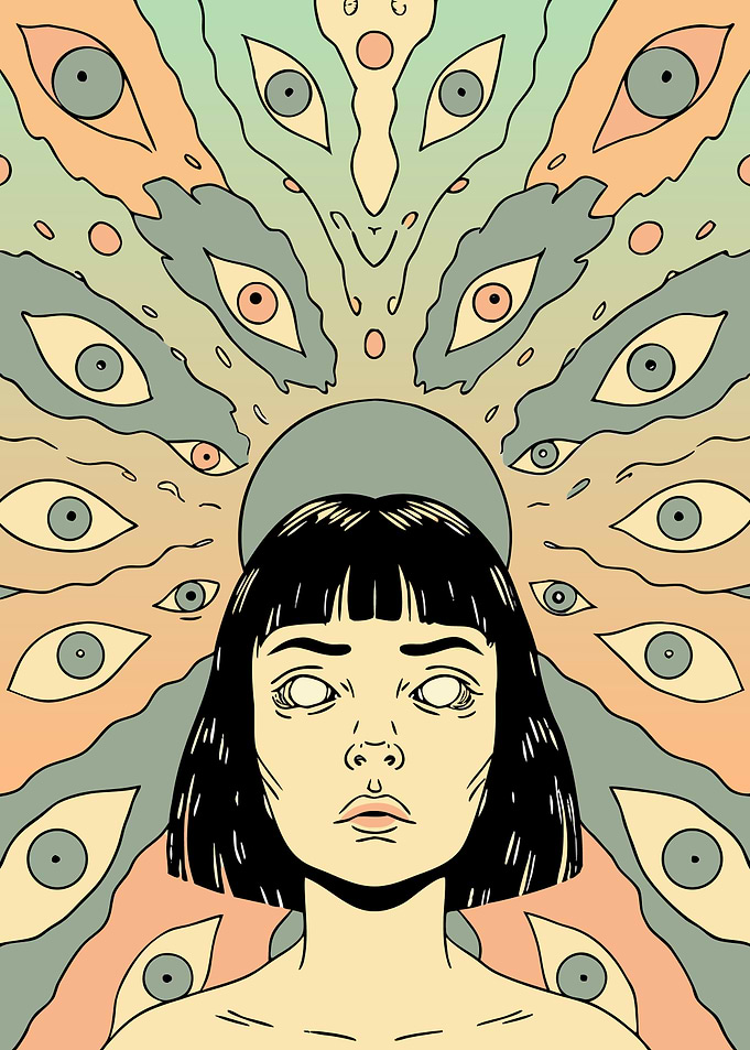 Surreal Woman Surrounded by Eyes