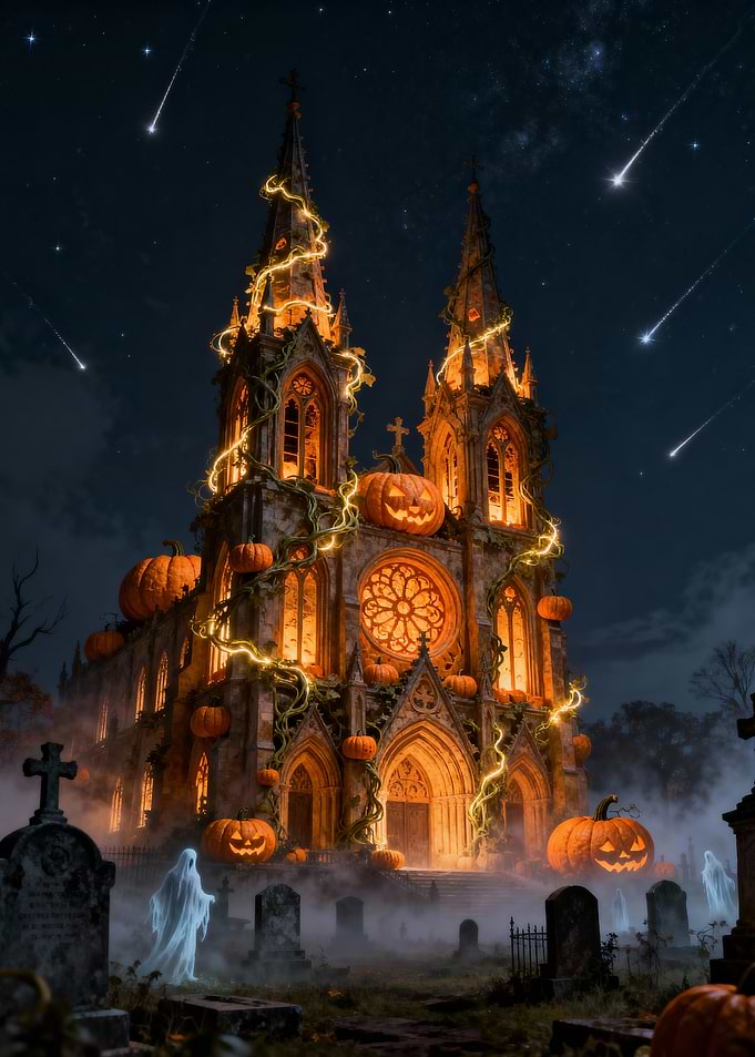 Halloween Church with Pumpkins and Ghosts
