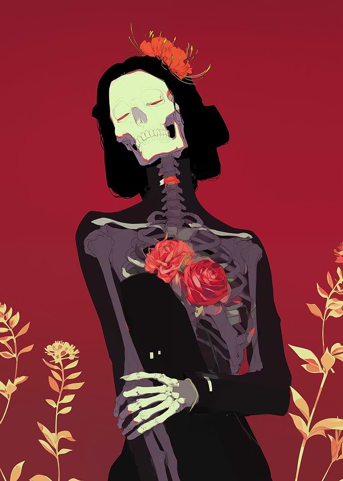 Floral Skeleton Portrait on Red Background