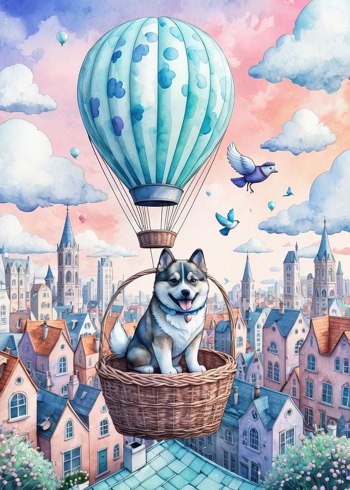 Joyful Husky Puppy in Pastel Hot Air Balloon Over Dreamy Town