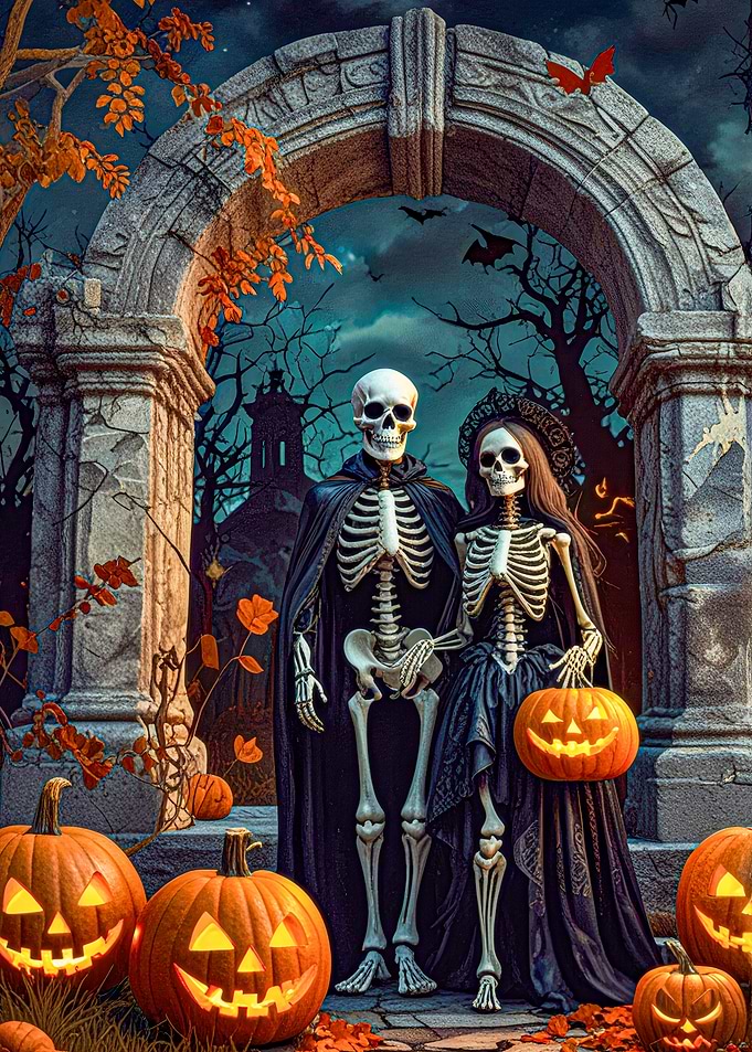 Halloween Skeletons Couple with Pumpkins