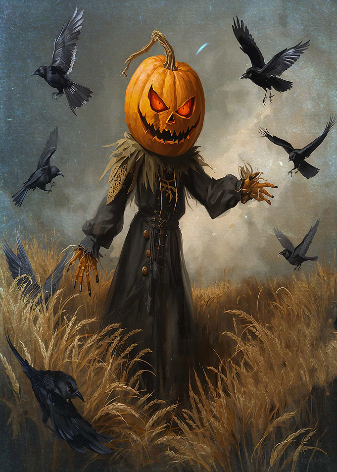 Pumpkin Head Scarecrow with Crows