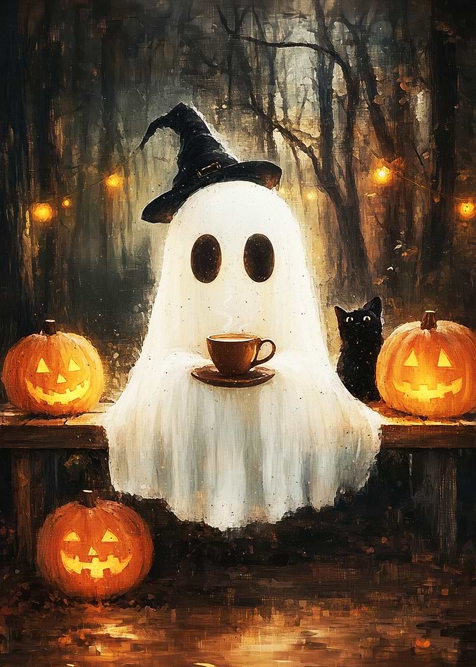 Halloween Ghost with Tea and Pumpkins