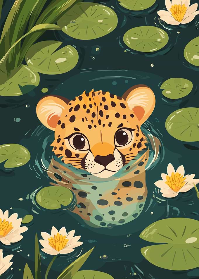 Cute Cheetah Cub in Pond Illustration
