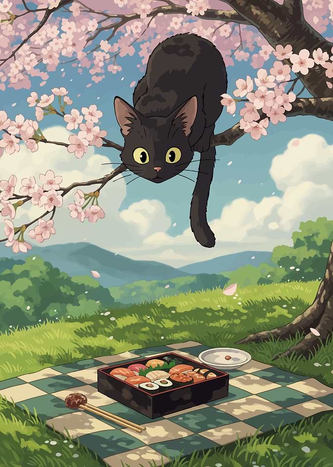 Black cat in cherry blossom tree