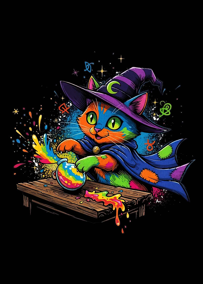 Colorful Cat Wizard with Potion