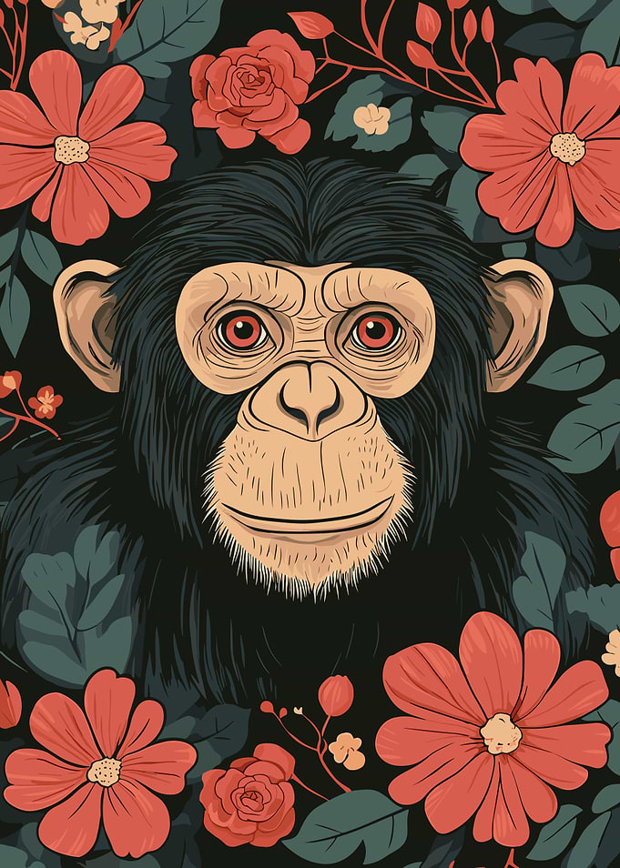 Chimpanzee Portrait with Floral Background