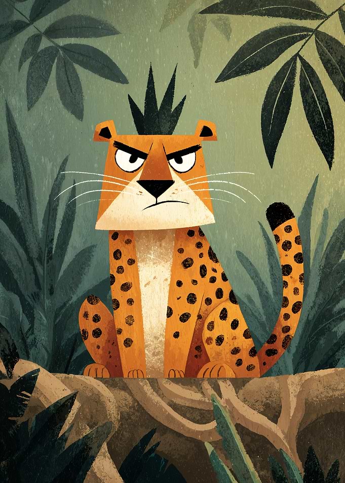 Grumpy Cartoon Leopard in Jungle