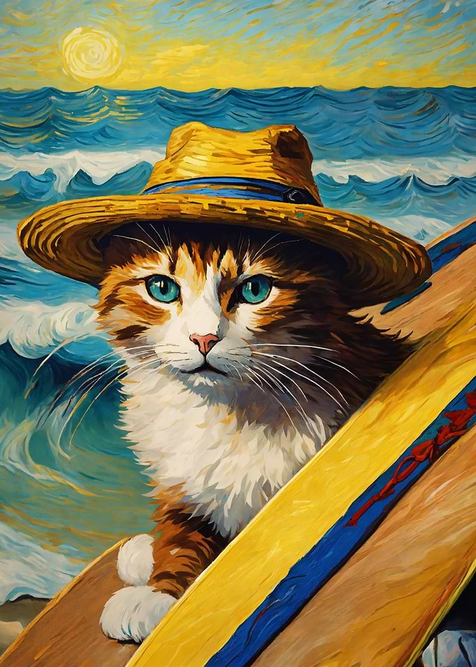 Cat Surfer with Hat Painting