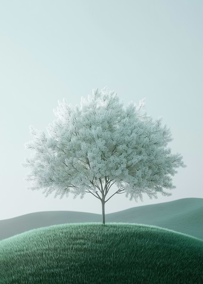 A minimalist tree with glowing white leaves