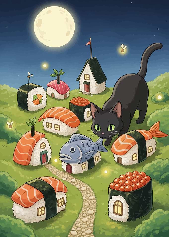 Sushi Village with Black Cat
