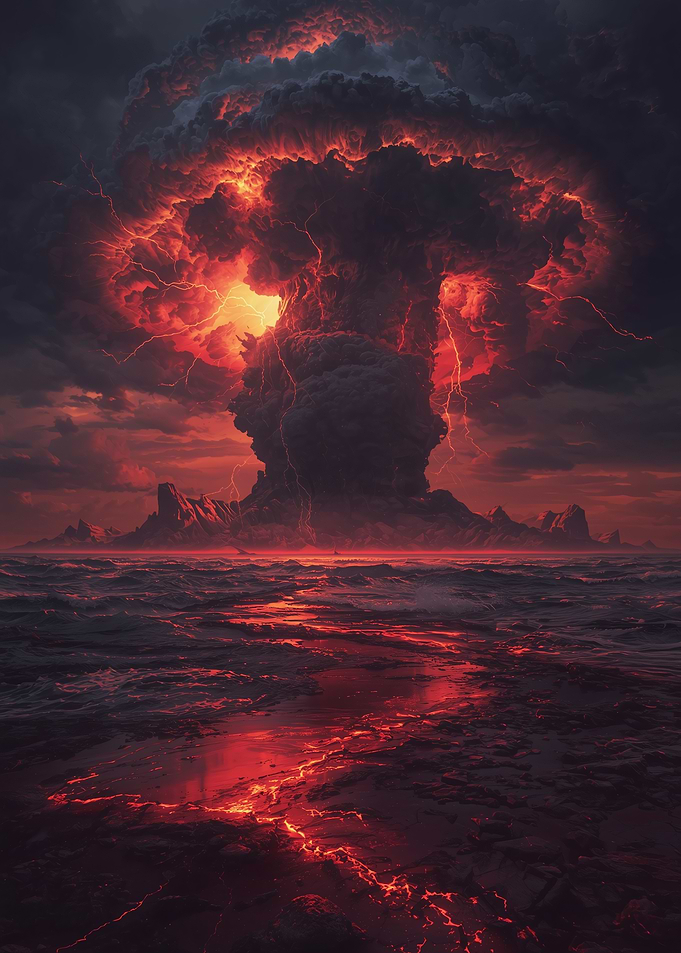 Infernal Volcano Explosion Over Ocean