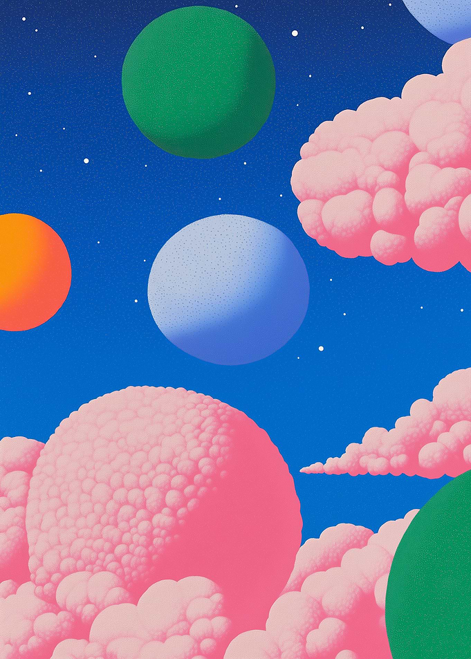 A whimsical scene of glowing planets and clouds
