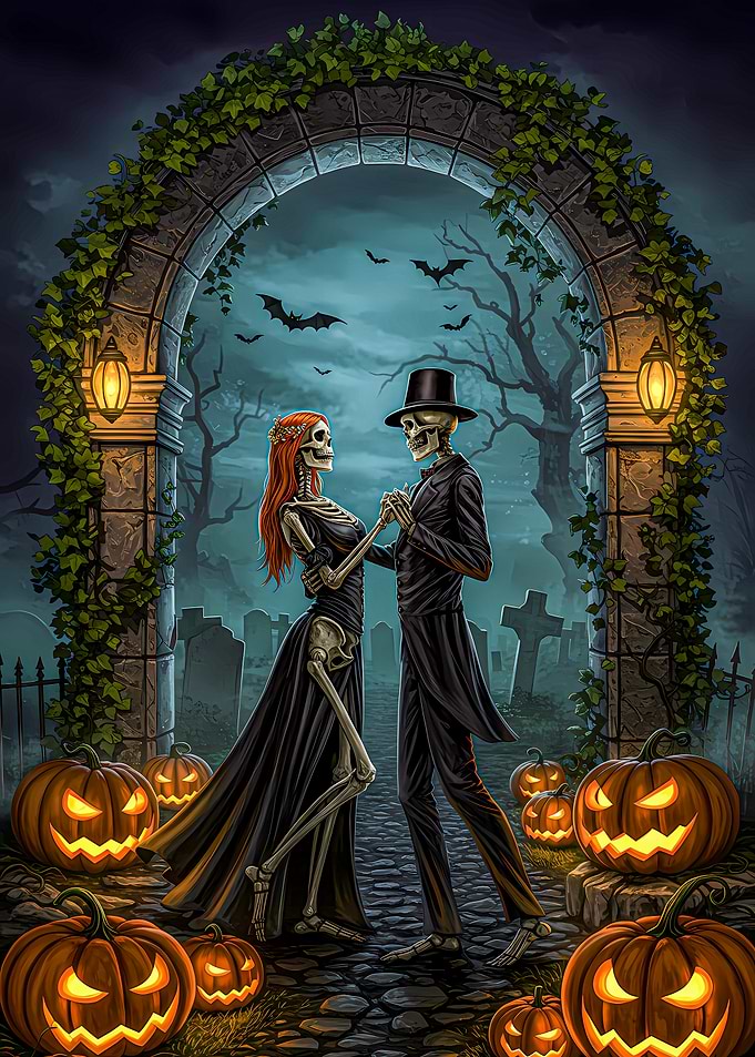 Skeletal Couple Dancing in Halloween Graveyard