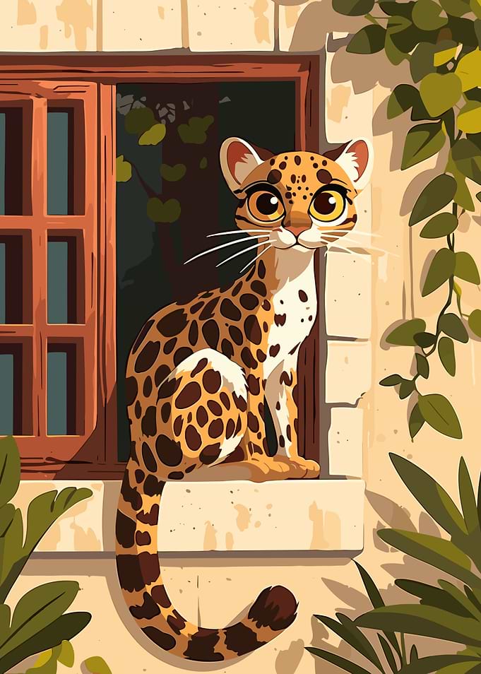 Cartoon Leopard on Window Sill