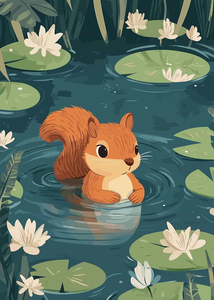 Squirrel in a Lily Pond Illustration