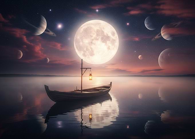 Boat on Water Under a Giant Moon
