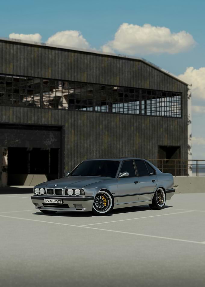 Silver BMW E34 in Urban Setting