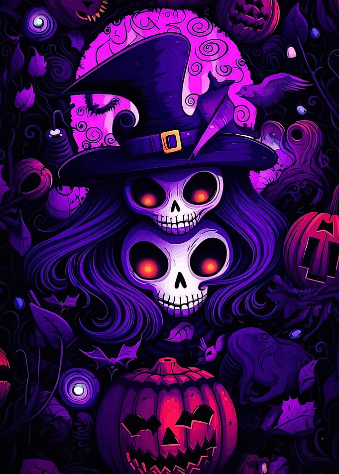 Halloween Witch Skulls and Pumpkins