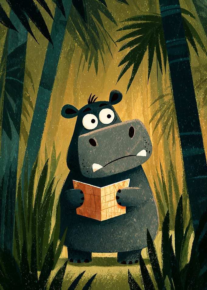 Cartoon Hippo Reading in Jungle