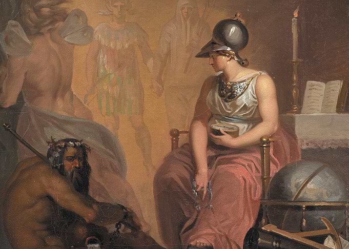 Minerva and chained Prometheus painting