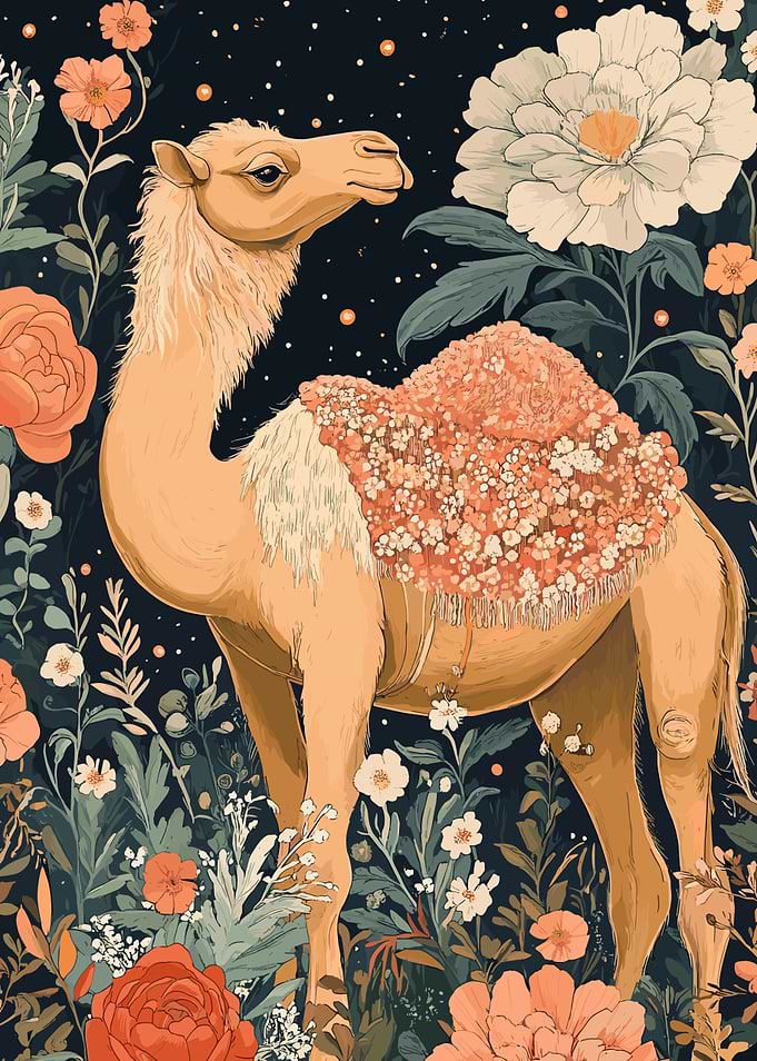 Camel in Floral Garden Illustration