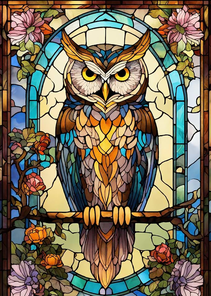 Stained Glass Owl with Floral Accents