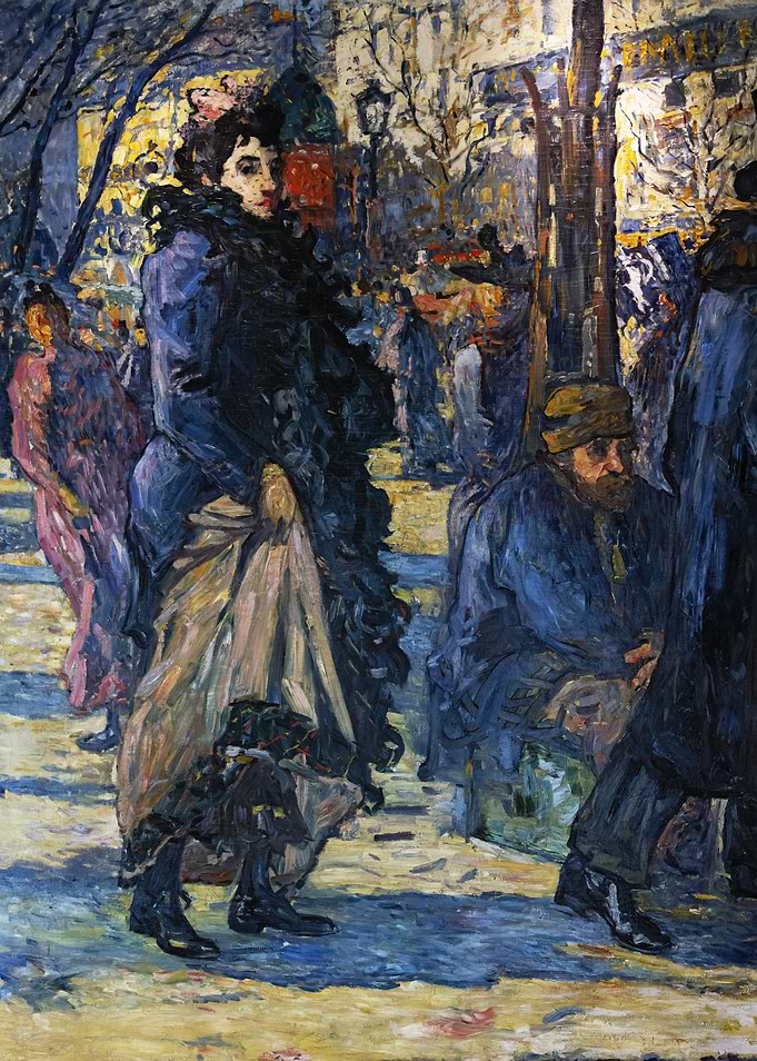 Impressionistic Cityscape with Woman and Dog