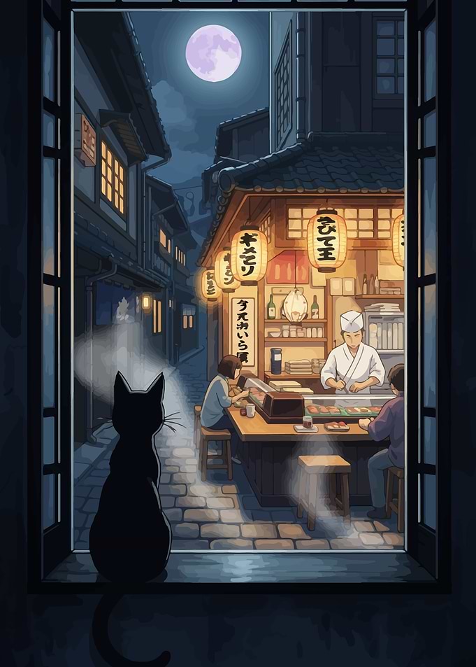 Night View: Cat and Japanese Restaurant