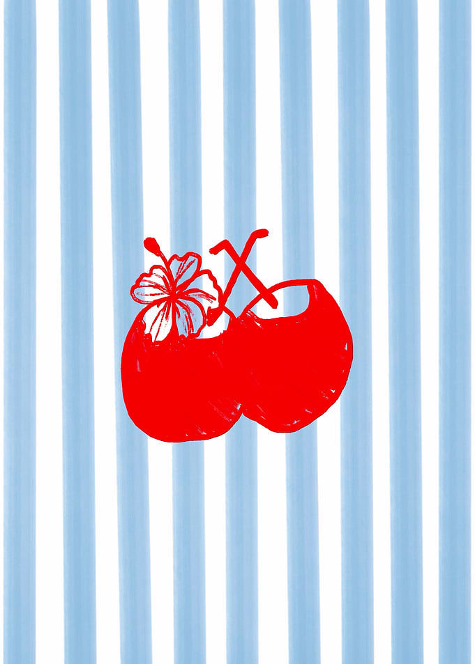 Red Coconuts with Hibiscus on Blue Stripes
