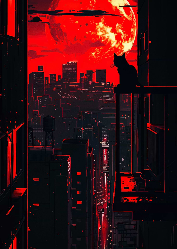 Red Moon Cityscape with Cat Silhouette