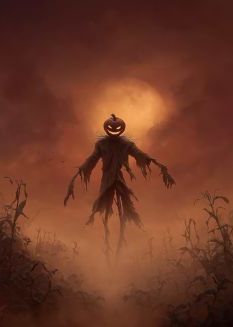 Spooky Pumpkin Scarecrow in Field